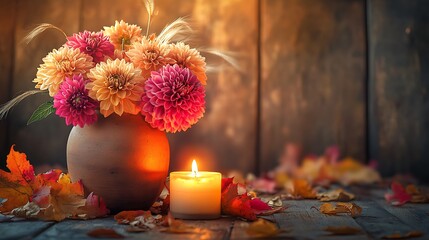 Close-up of dahlias, chrysanthemums, and dried grasses in a clay vase, golden candlelight flickering, wooden backdrop, autumn leaves scattered around, cozy atmosphere. Created Using: macro lens,