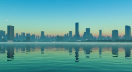 Fototapeta premium Cityscape Reflection on Calm Waters at Dawn, Evokes Tranquility and Modern Urban Beauty, Serene Waterfront City Skyline at Sunset