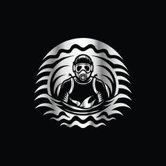 Scuba diver with fish on the black background. Vector illustration. Illustration of a scuba diver and a ship on a black background.