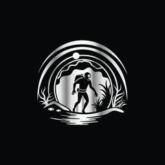 Scuba diver with fish on the black background. Vector illustration. Illustration of a scuba diver and a ship on a black background.