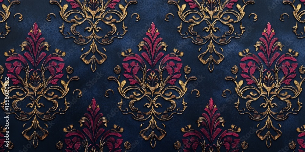 Poster ornate damask patterns with rich textures and deep colors, perfect for timeless, elegant designs.
