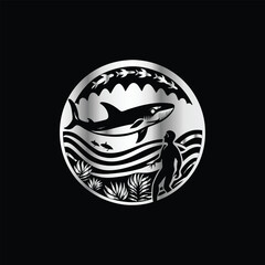 Scuba diver with fish on the black background. Vector illustration. Illustration of a scuba diver and a ship on a black background.