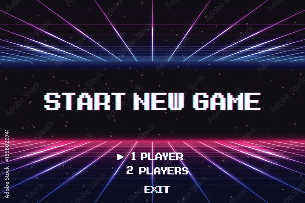 Fototapete start new game play .synthwave wireframe net illustration. pixel art .8 bit game. retro game. for ga