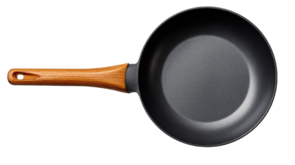 Modern non-stick frying pan with wooden handle on transparent background

