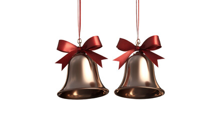 two golden Christmas bells with red ribbon on white background