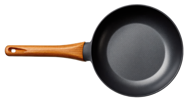 Modern non-stick frying pan with wooden handle on transparent background

