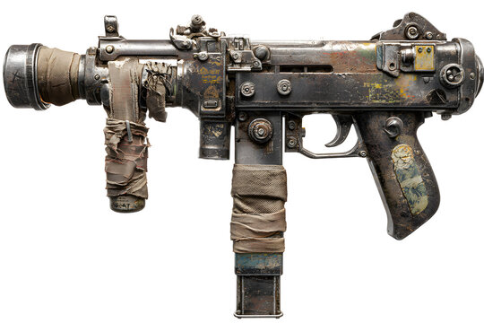 A heavily weathered, makeshift submachine gun is presented in a three-quarter view, showcasing its worn texture and tattered cloth wrappings.  The firearm's details are clearly visible.