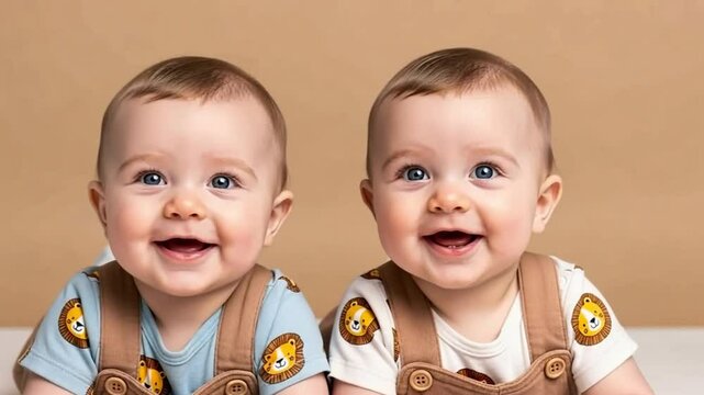 Identical Twin Babies Smiling Side by Side on Bed