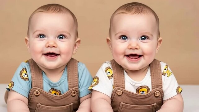 Identical Twin Babies Smiling Side by Side on Bed