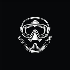 Scuba diver with fish on the black background. Vector illustration. Illustration of a scuba diver and a ship on a black background.