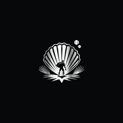 Scuba diver with fish on the black background. Vector illustration. Illustration of a scuba diver and a ship on a black background.