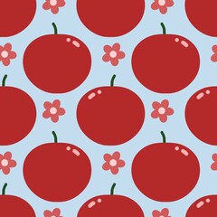seamless pattern with red apples and flower on blue background 