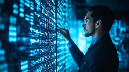 Businessman analyzing big data on futuristic interface with digital code