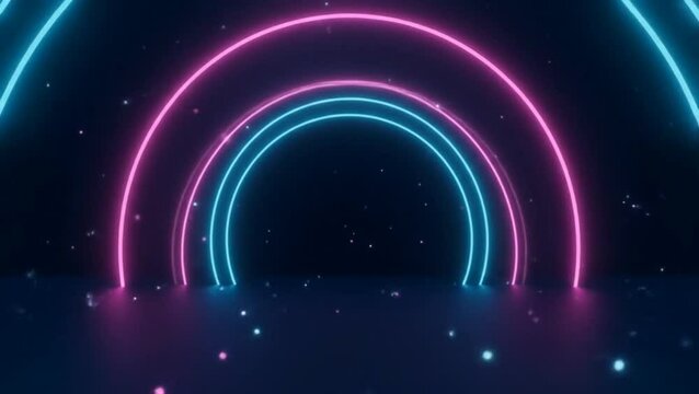 Futuristic neon half-circle arches in pink and blue forming glowing digital portal on dark background with scattered light particles. Technology concept
