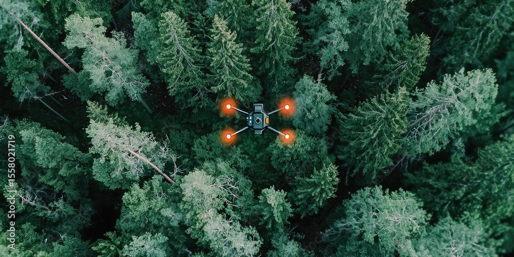Poster a drone capturing aerial footage of a forest, with the screen showing indicators of ecosystem health