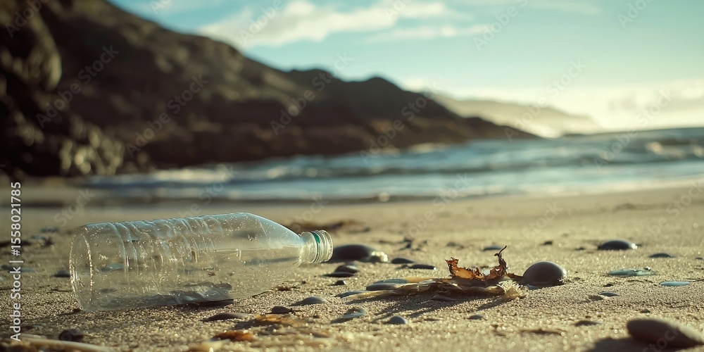 Poster a plastic bottle on a pristine beach, representing the environmental impact of pollution on natural 
