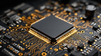 Close-up of a microchip's intricate circuitry, showcasing technological advancement and computing power.