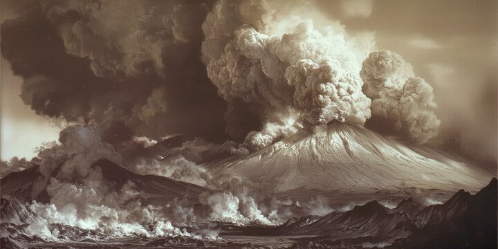 ash clouds rising from an erupting volcano, with pyroclastic flows descending its slopes.