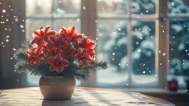 Elegant winter bouquet of amaryllis and pine on a linen-covered table, snowflakes falling outside French doors, cool morning light, peaceful country home. Created Using: wide-angle lens,