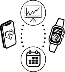"Smart Health Technology Icon Set – Mobile Heart Monitor, Fitness Watch, Calendar, Health Data Chart"

