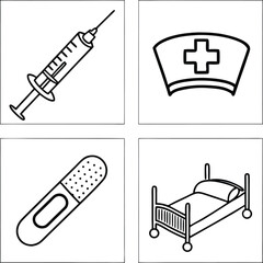 "Medical Line Icon Set – Syringe, Nurse Hat, Hospital Bed, Bandage for Healthcare and Clinic Design"