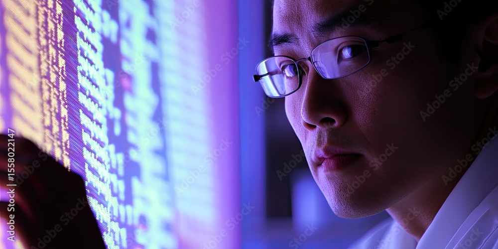 Poster precision shot of a researcher analyzing dna sequences on a digital screen, with lab equipment in th