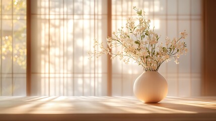 Ikebana centerpiece on a minimalist table, soft sunlight coming through paper screens, clean Japanese interior, serene and meditative atmosphere. Created Using: telephoto lens, natural backlight,
