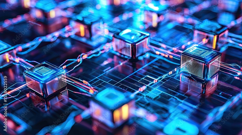 Aufkleber blockchain in operation with secure data blocks interconnected and illuminated by digital lines.
