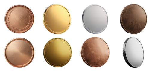 glossy coins in various shades of copper, gold, and silver, 3D render, highly detailed, photorealistic Flat 3D currency gold, silver and bronze coin
