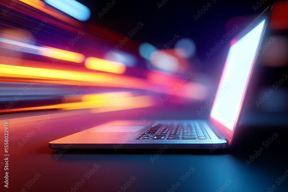 Wall mural laptop with glowing screen and motion blur creating a sense of speed and technology