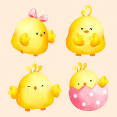 Vector cartoon illustration of Cute Baby Chick Duck sticker set Collection