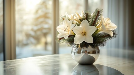 Minimalist winter arrangement with amaryllis, pine, and silver accents on a sleek marble counter, cold morning light streaming through tall windows, modern interior. Created Using: prime lens,