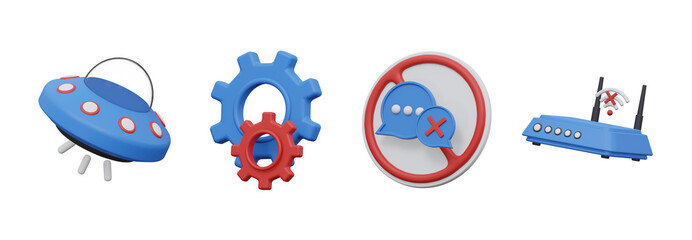 3D render technology and connection error icon set