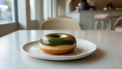 Donut topped with glossy matcha glaze