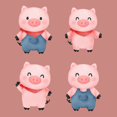 Vector cartoon illustration of Cute Pink Pig Boar piglet sticker set Collection