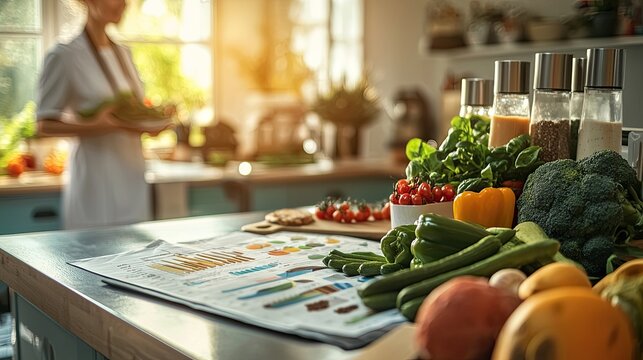 a nutritionist s office, focus on food charts and models, warm light emphasizes the educational aspect of nutrition counseling
