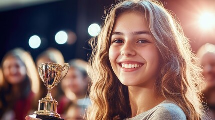 a teen receiving an award at a school ceremony, focus on the trophy and proud expression, bright auditorium lighting captures the moment