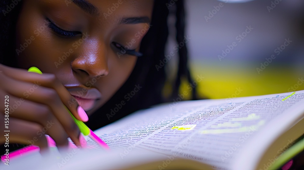 Poster a student highlighting text in a textbook, focus on hands and bright pages, soft lighting emphasizes
