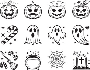 Halloween Line Art Spooky Holiday Collection Featuring Pumpkins Ghosts Candy Canes Cauldron Cobweb Broom Tombstone in Black and White