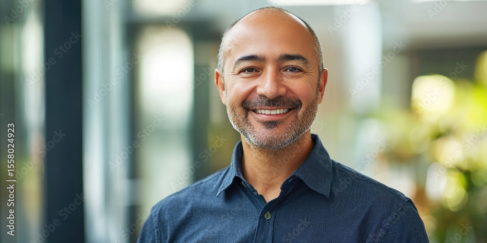 Poster business headshot of a smiling professional in a modern office setting, with natural lighting and a 