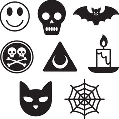 Assortment of Halloween Icons Smiley Face Skull Bat Pirate Symbol Moon Triangle Candle Cat and Spider Web for Festive Designs