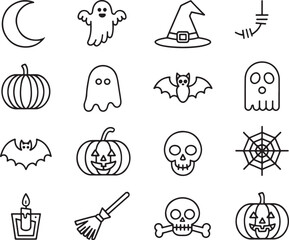 Halloween Line Art Icons Creepy and Festive Designs for Spooky Season Celebrations