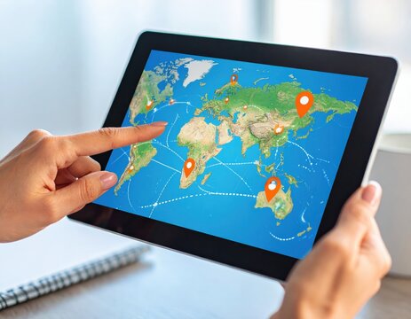 Woman using tablet with world map showing global connections