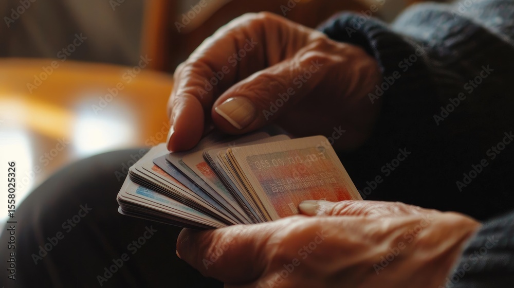 Poster a person using flashcards, focus on hands and clear text, bright study environment emphasizes the ef