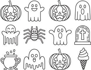 Halloween Icons Line Art Illustration Featuring Pumpkins, Ghosts, Spider, Tombstone, Cauldron and Ice Cream Cone for Spooky Season
