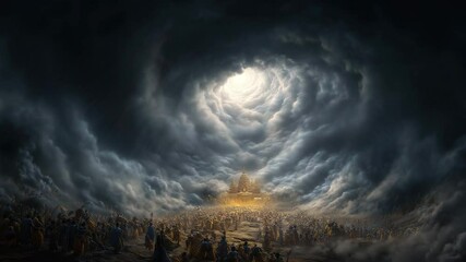 Photorealistic depiction of Krishna lifting Govardhan Hill, surrounded by awe-struck devotees under a swirling stormy sky, embodying divine protection and faith. Inspired by the Bhagavad Gita.