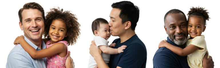 Diverse Families Featuring Fathers and Children in Joyful Embrace Captured in Stock Photography