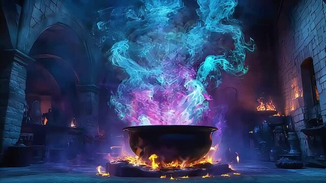 A potion cauldron sits over a fire pit, bubbling mysteriously as colorful smoke rises into the air.
