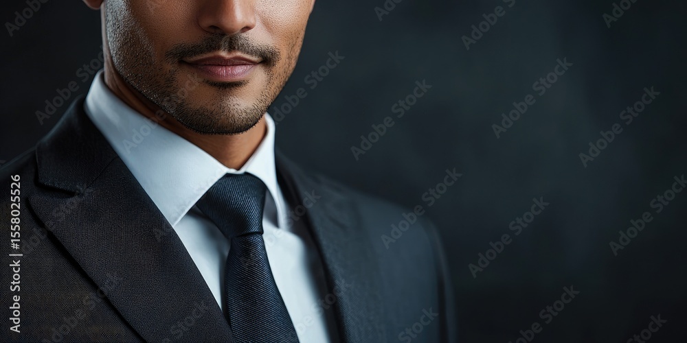 Poster crisp business headshot of a professional in formal attire, with a clean background and soft lightin