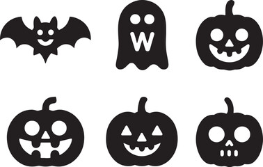 Halloween Themed Silhouettes of Festive Bat Ghost and Jack O' Lanterns for Holiday Decorations and Party Invites